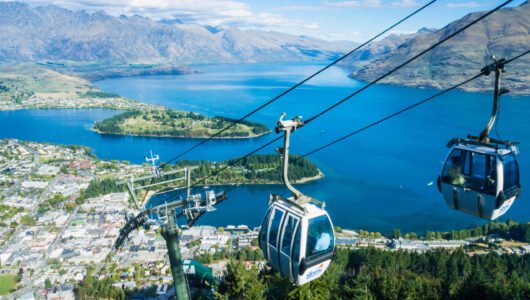 MH7PP9 Queenstown South Island new zealand aerial view of  the skyline gondola downtown queenstown town centre lake wakatipu and the remarkables